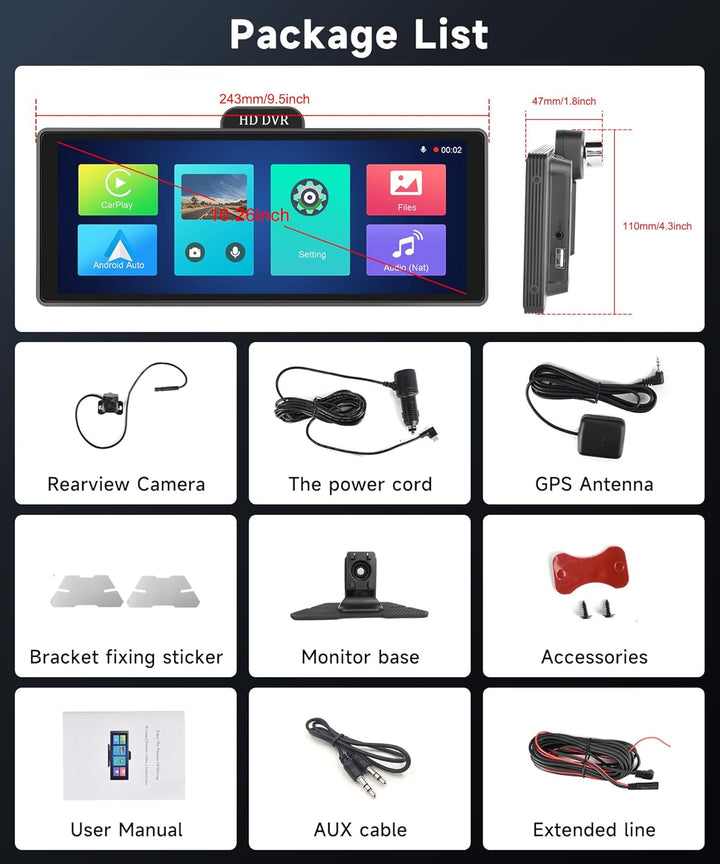 Podofo Tragbares Autoradio Wireless Carplay Android Auto 10.26'' Touchscreen ADAS System FM Sender U