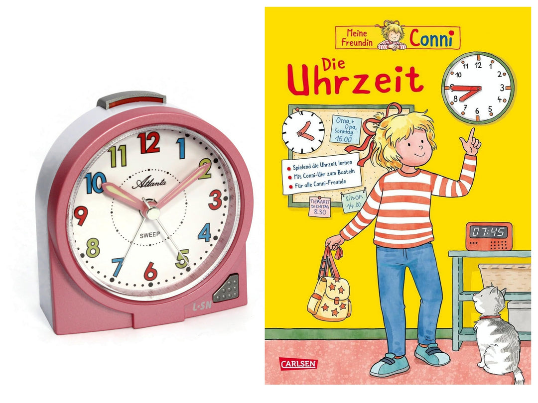 Atlanta Kinderwecker Mädchen ohne Ticken + Kinderbuch Conni Die Uhrzeit - 2127/17 BU (Rosa Conni), R