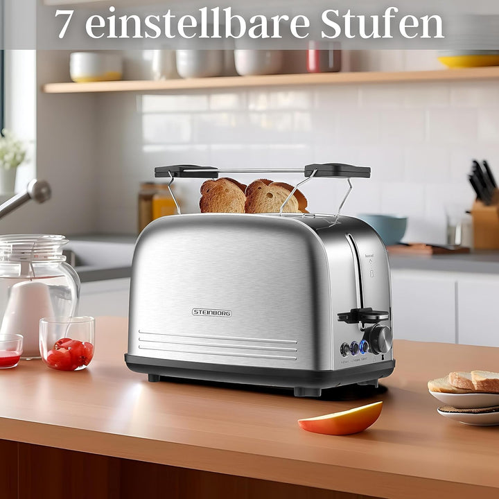 Edelstahl Toaster mit Brötchenaufsatz | Toaster 2 Scheiben | Doppelschlitz Toaster | 7 Stufen | 4 Fu