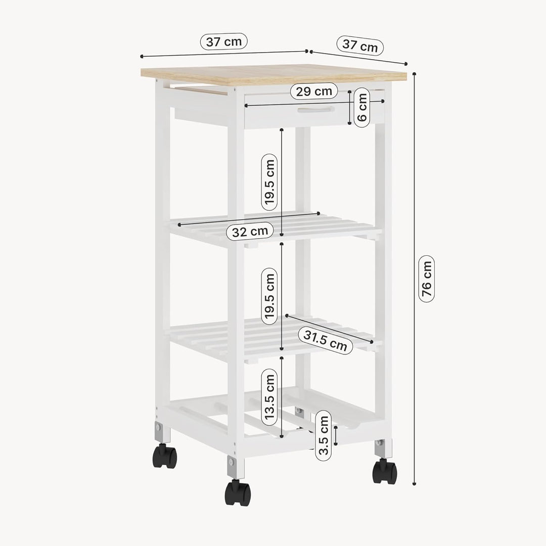 [en.casa] Servierwagen Biel Weiss/Holzfarben 76 x 37 x 37 cm Küchenwagen mit Schublade und 3 Ablagen