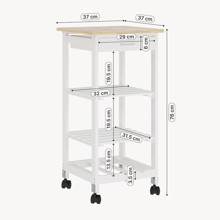 [en.casa] Servierwagen Biel Weiss/Holzfarben 76 x 37 x 37 cm Küchenwagen mit Schublade und 3 Ablagen