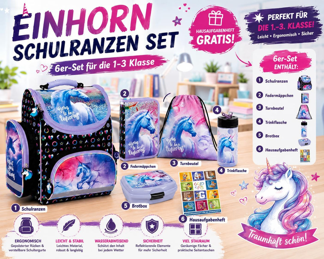 Goldkids - Schulranzen für Jungen und Mädchen, 6er-Set - Schul-Rucksack für Kinder mit Schuhbeutel F