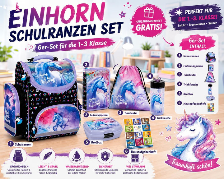 Goldkids - Schulranzen für Jungen und Mädchen, 6er-Set - Schul-Rucksack für Kinder mit Schuhbeutel F