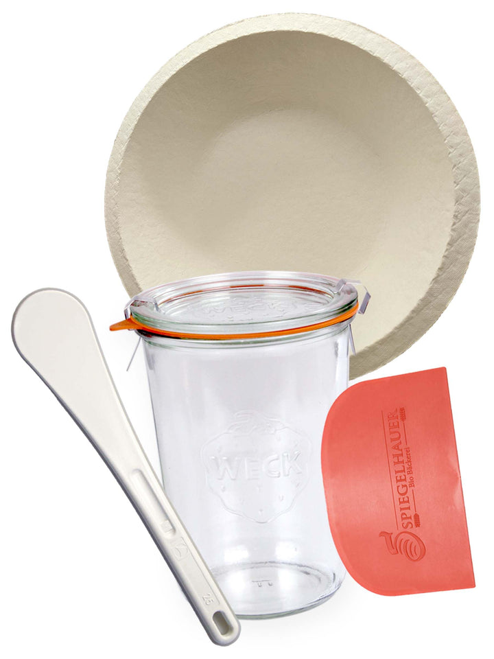 Bäckerei Spiegelhauer Sauerteig Glas 850 ml mit Gärkorb, Teigschaber, Spatel I Sauerteig-Starter-Set