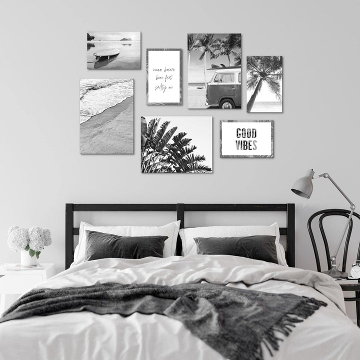 Novart Wandbilder Strand - KOMPLETT AUFHÄNGFERTIG - Schwarz Weiss Wohnzimmer Schlafzimmer- 7 Moderne