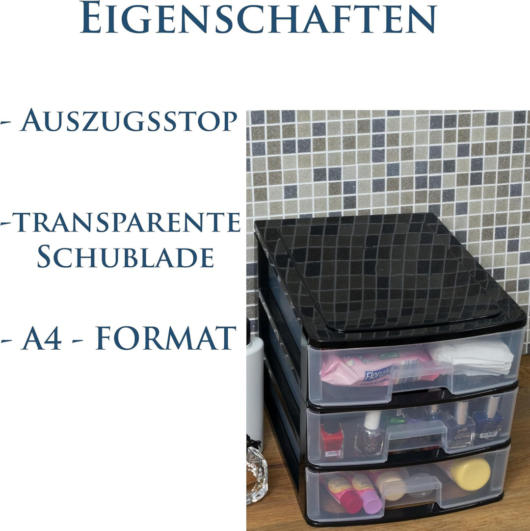 Hummelladen Schubladenbox DIN A4 mit 4 Schubladen 35,5x26,5x35 cm - schwarz-transparent Kunststoff D