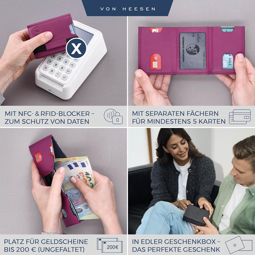 VON HEESEN Slim Wallet mit Münzfach &amp; RFID-Schutz - Leder Geldbeutel - Mini Geldbörse für Herren und