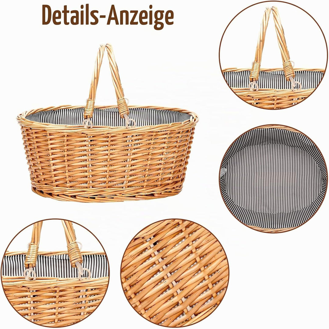 Weiden-Picknickkorb mit doppelt klappbaren Griffen, natürlicher Weidenkorb, leerer Korb, günstige Os