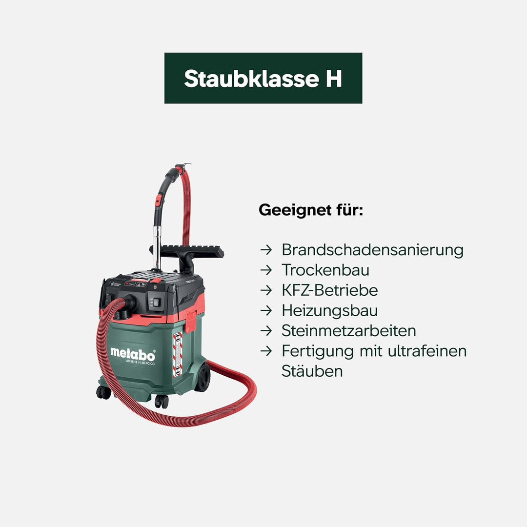 metabo AS 36-18 H 30 PC-CC Akku-Sauger, 18V Nass- und Trockensauger | Zertifizierter Industriestaubs