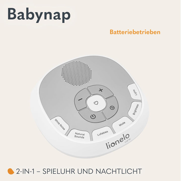 LIONELO BabyNap Tragbare Baby-Einschlafhilfe 2-in-1 Nachtlicht mit 11 Lichtfarben, 20 Töne, Schlafli