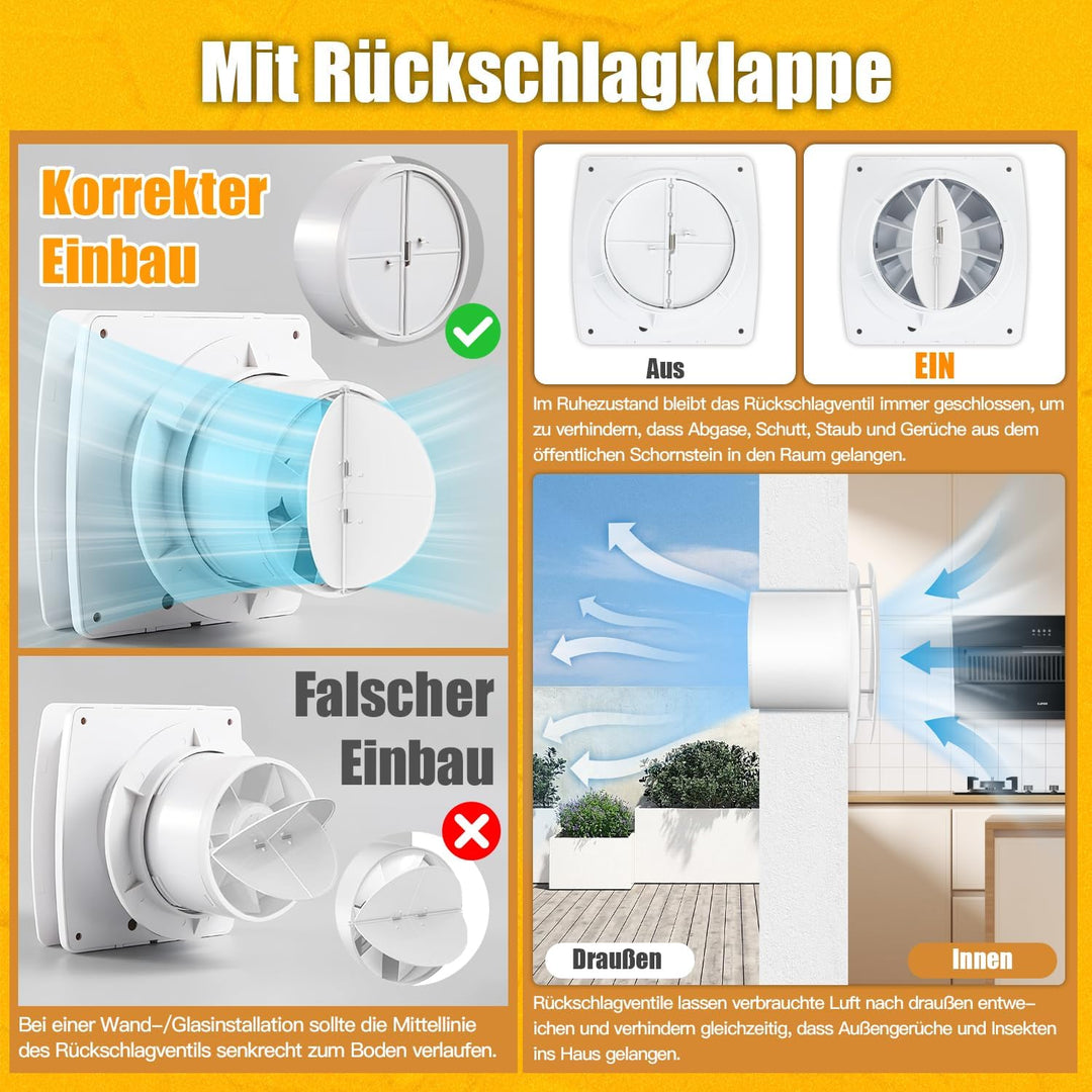 Badlüfter 100mm mit Nachlauf und Feuchtigkeitssensor, 12W Abluftventilator mit Rückstauklappe, 95m³/