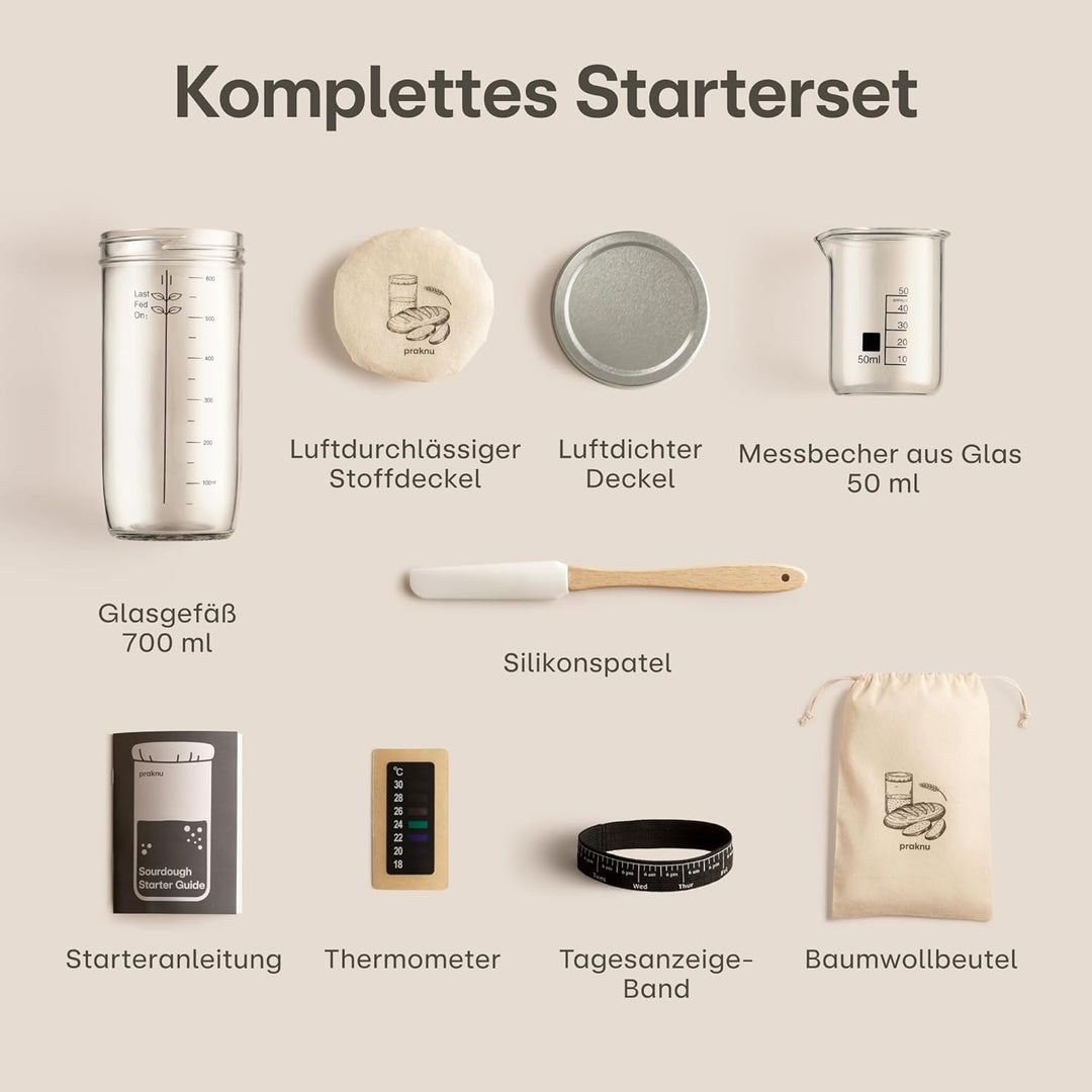 Praknu Sauerteig Starter Set aus Glas (700ml) Komplett-Set mit Anleitung für Einsteiger & Zuhause ba