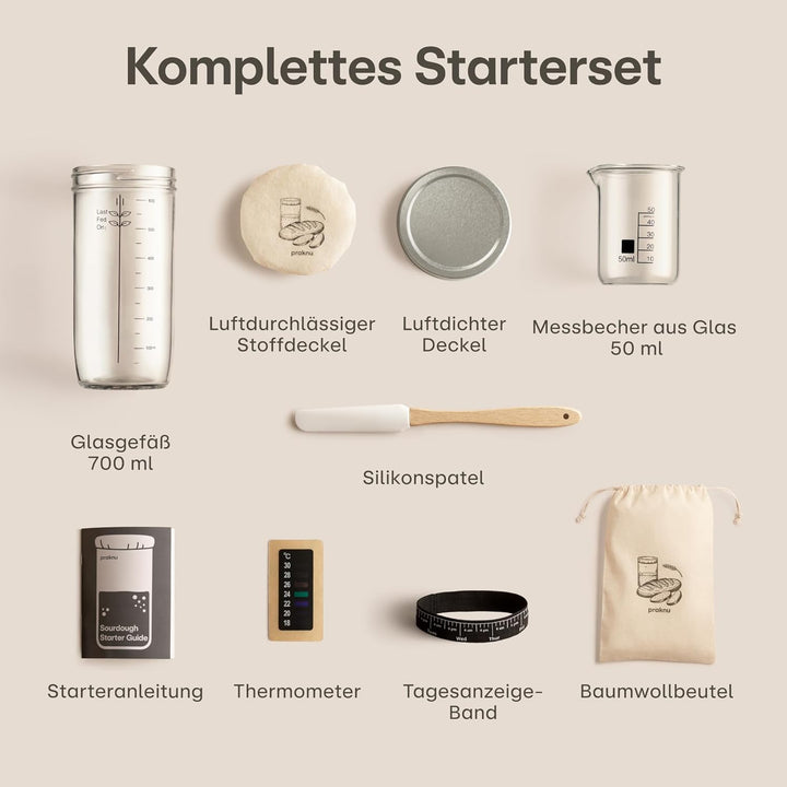 Praknu Sauerteig Starter Set aus Glas (700ml) Komplett-Set mit Anleitung für Einsteiger & Zuhause ba