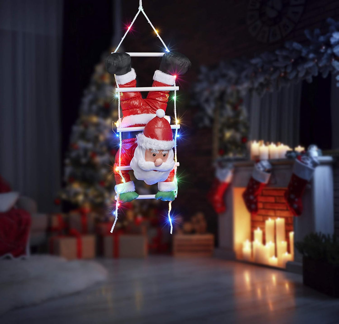 Bonetti Weihnachtsmann kopfüber auf Strickleiter, die Leiter ist mit 30 bunten LEDs beleuchtet, klet