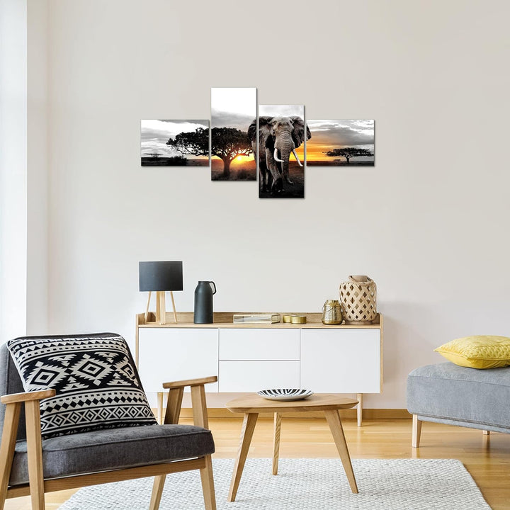 Runa Art Bild Modern Afrika Elefant - Made in Germany - Wandbilder Panorama Grau Orange 4 Teilig 001