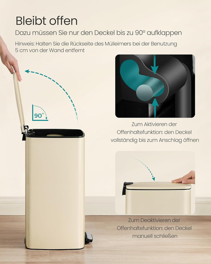 SONGMICS Mülleimer Küche, 30 Liter Abfalleimer, Tretmülleimer, Stahl, mit Inneneimer, Softclose, Off