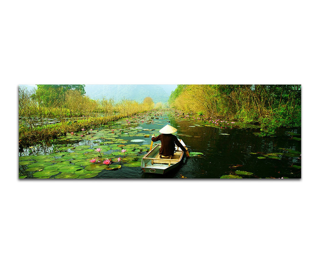 Paul Sinus Art Panoramabild auf Leinwand und Keilrahmen 150x50cm Vietnam Wald Nebel Fluss Seerosen H