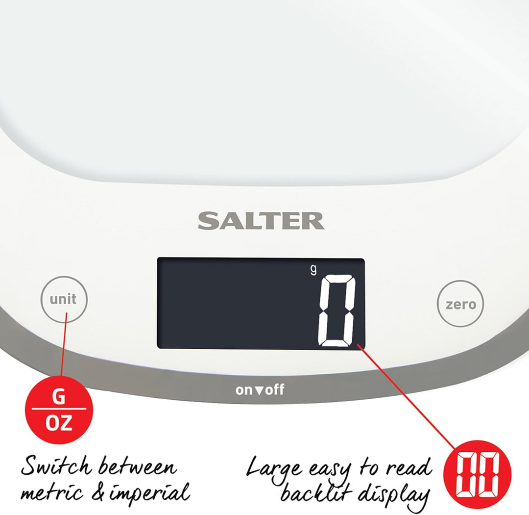 Salter 1050 WHDR Curve Digitale Küchenwaage Weiss, Schlankes Glas elektrische küchenwaagen, grosse O