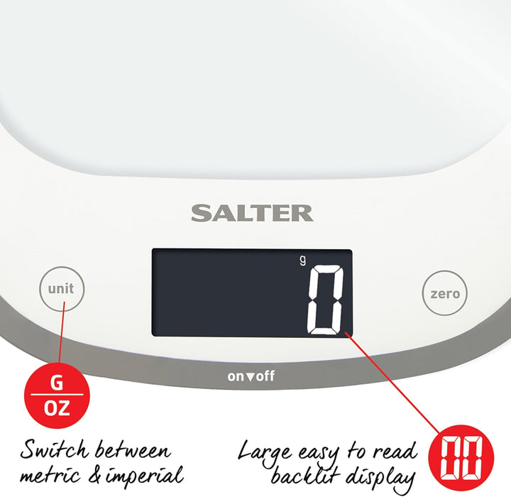 Salter 1050 WHDR Curve Digitale Küchenwaage Weiss, Schlankes Glas elektrische küchenwaagen, grosse O