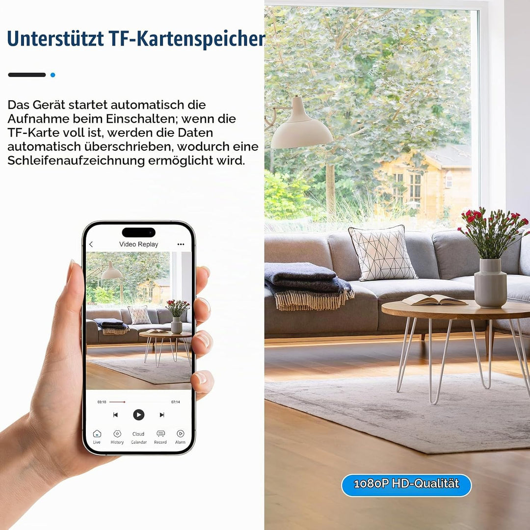 Kamera 1080P WLAN Innen, App Steuerung, Nachtsicht, Zuhause | Live Übertragung per Handy App, Bewegu