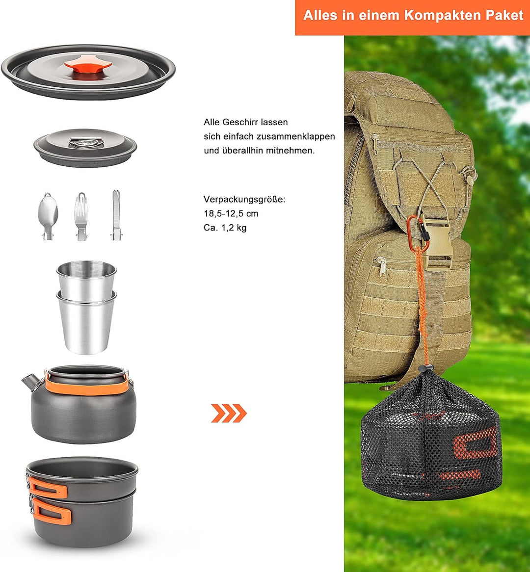 ColdShine 8 Teilig Aluminium Camping Kochset Campinggeschirr Topf Set Outdoor Camping Kochen Braten