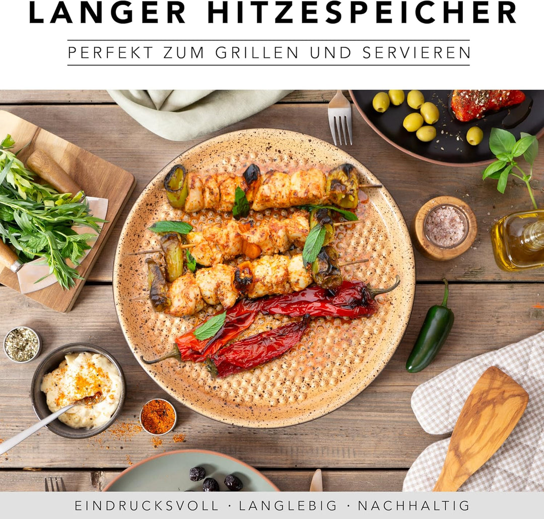 Römertopf BBQ Plancha Grillplatte mit Grillnoppen Ø 31,5 cm Feuerplatte aus naturton Ton, Ø 31,5 cm