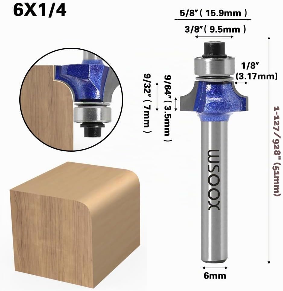 WSOOX 4 Stück Abrundfräser Standard Fräser Set für Holz mit 6mm Schaft, Fräser für Oberfräse Set