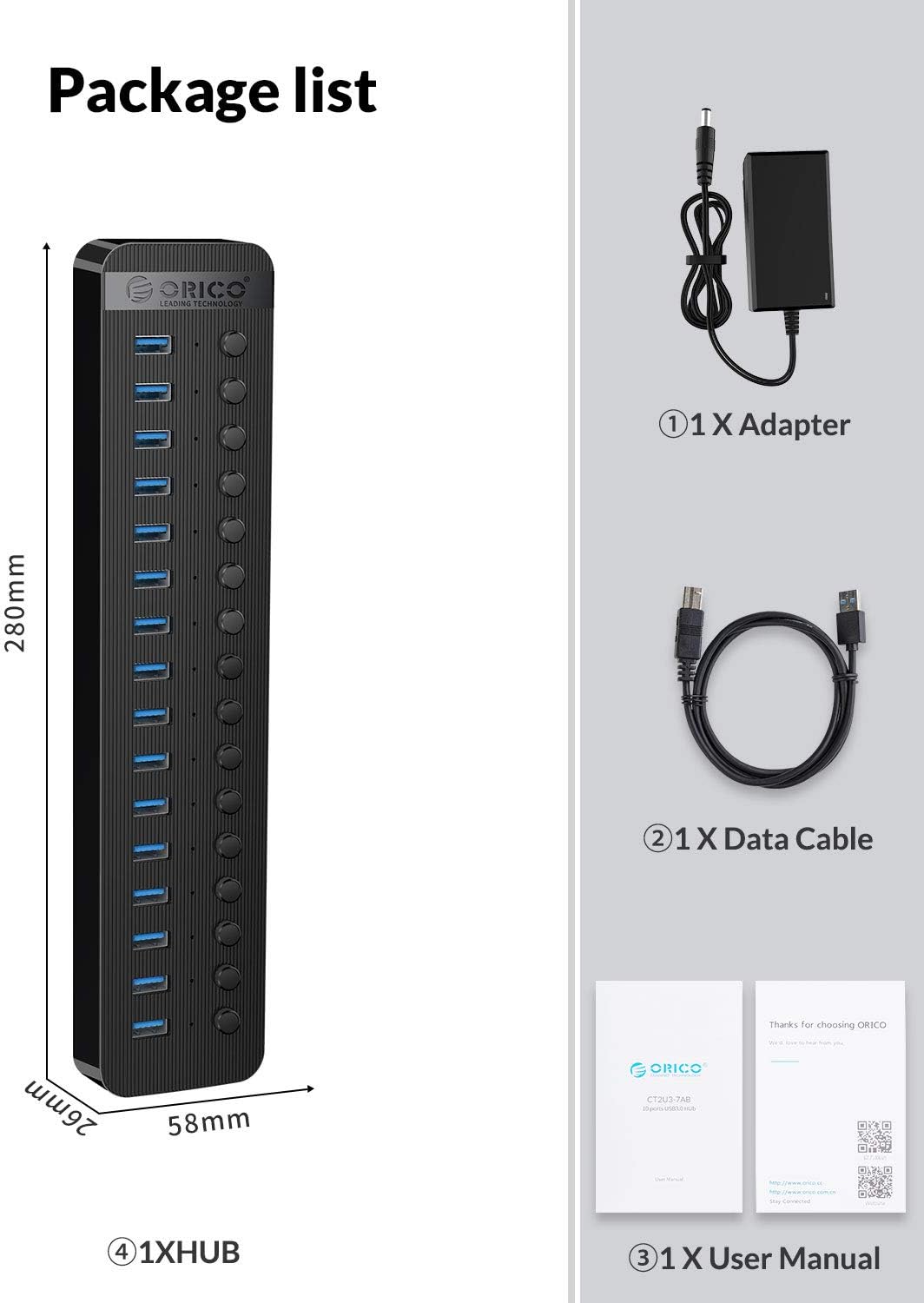 ORICO USB Hub 3.0 Aktiv 16 Ports 78W Mit Netzteil Einzelne EIN/Aus-Schalter und 12V / 5A Energien-Ad
