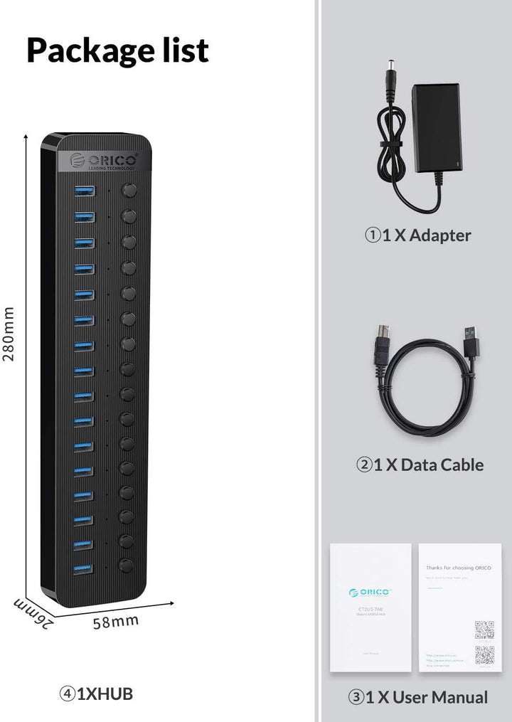 ORICO USB Hub 3.0 Aktiv 16 Ports 78W Mit Netzteil Einzelne EIN/Aus-Schalter und 12V / 5A Energien-Ad
