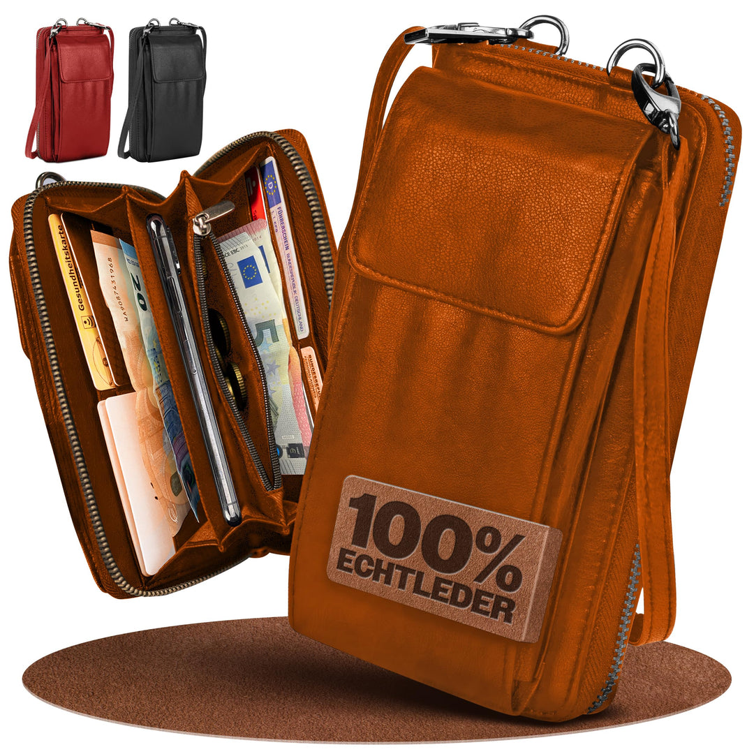 FLEXIBILITE® Handytasche zum Umhängen Braun aus echtem Leder I EXTRA leicht 220 g mit RFID I Handy P