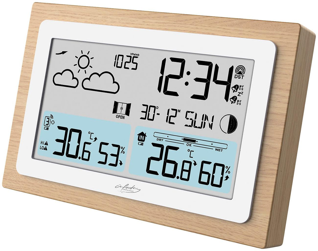 infactory Barometer: Funk-Wetterstation im Echtholz-Rahmen, Wettervorhersage, Uhr, Wecker (Wettersta