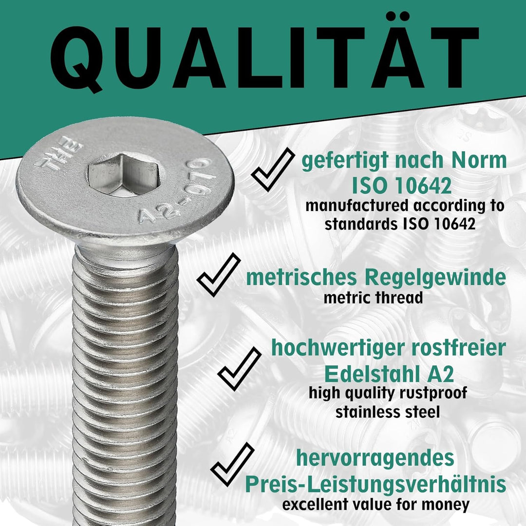 Senkkopfschraube mit Innensechskant (ISK) nach Norm ISO 10642 / DIN 7991, rostfreier Edelstahl, A2,