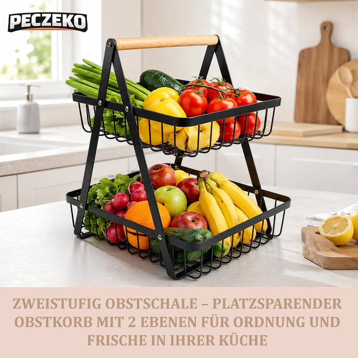 Zweistöckiger Obstkorb mit 2 Ebenen – Platzsparende Obstschale & Obsetagere aus Metall mit Holzgriff