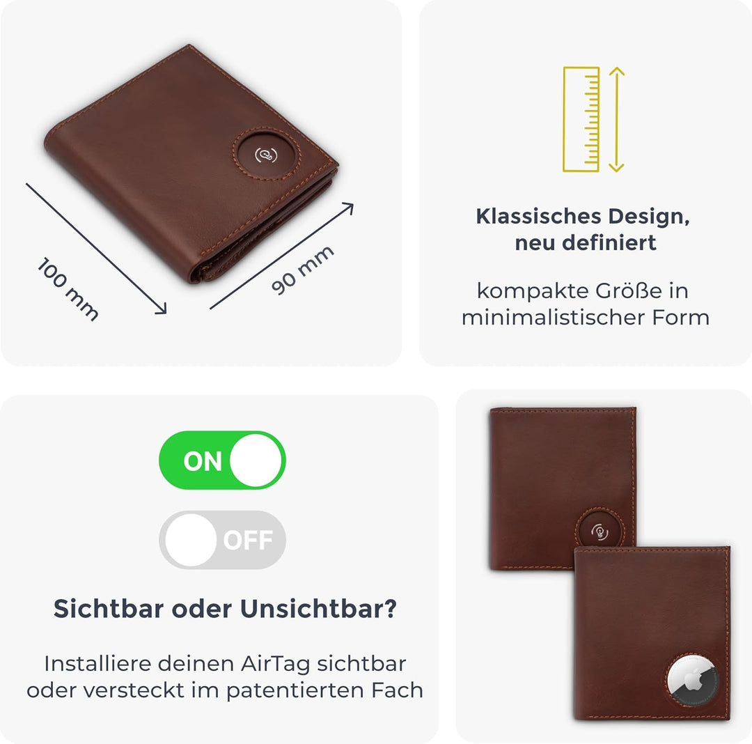 ISENTIALS Airtag* Geldbörse mit Münzfach I Apple Airtag Leder Wallet Portemonnaie Herren mit RFID Sc