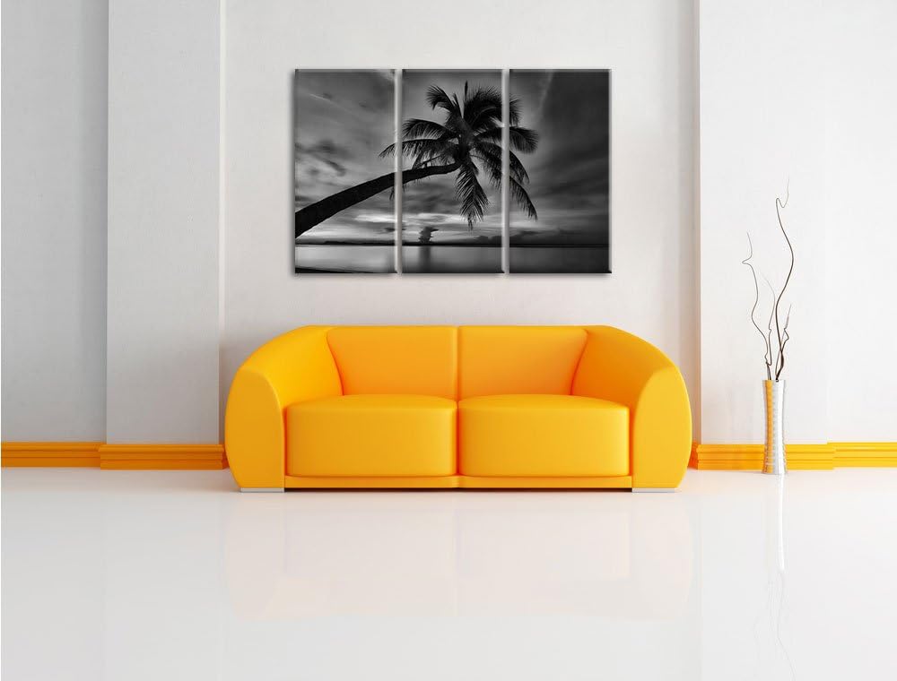 Pixxprint Monocrome, Palme am Meer mit Sonnenuntergang 3-Teiler Leinwandbild 120x80 Bild auf Leinwan