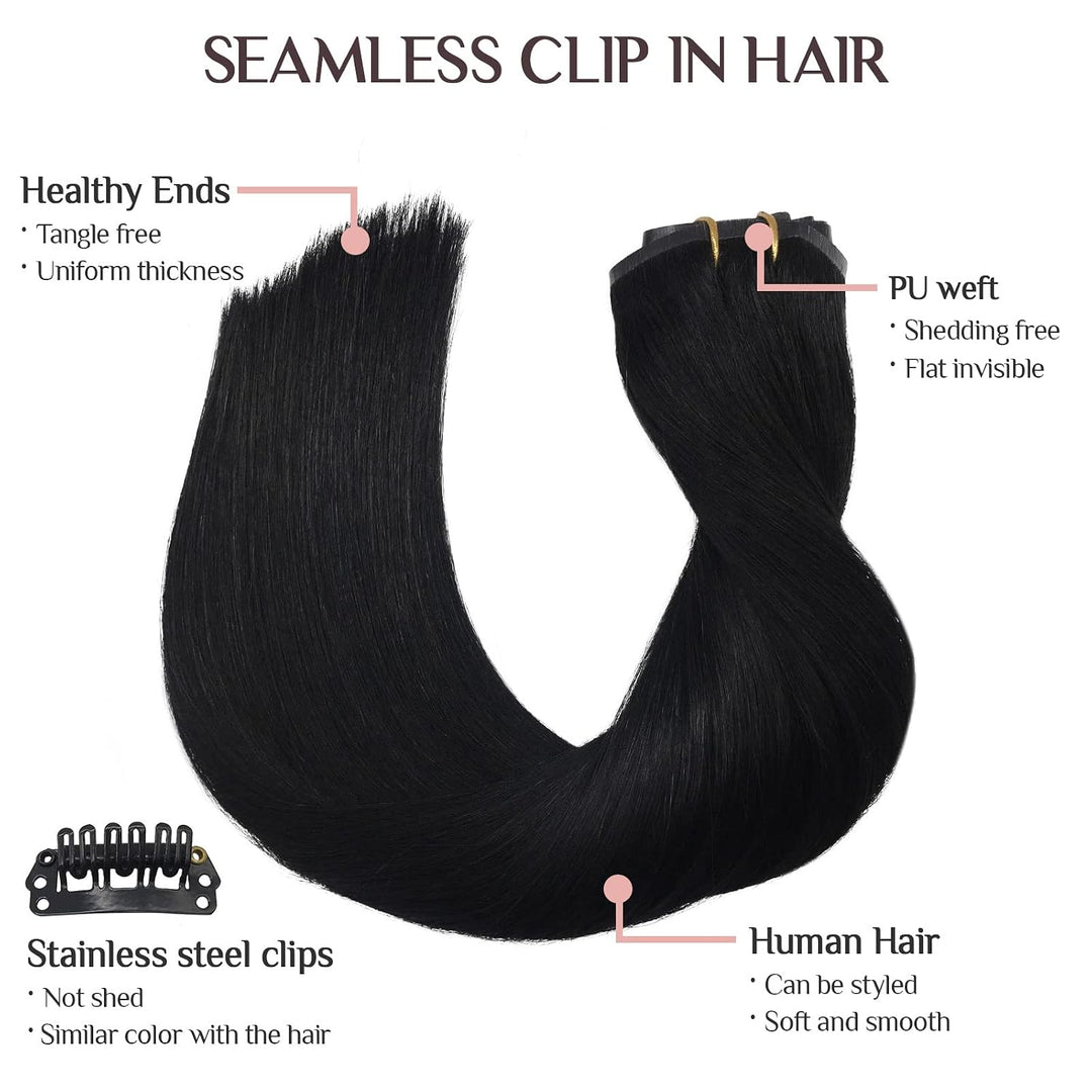 MAXITA Seamless Clip in Extensions Echthaar, 45cm 18 Zoll 110g 7 Stück Tief Schwarz PU Echthaar Exte