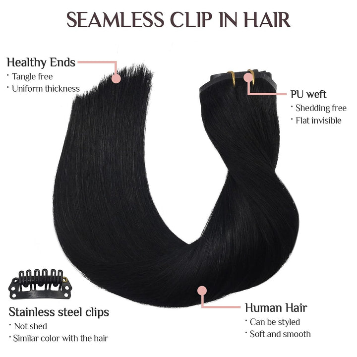 MAXITA Seamless Clip in Extensions Echthaar, 45cm 18 Zoll 110g 7 Stück Tief Schwarz PU Echthaar Exte