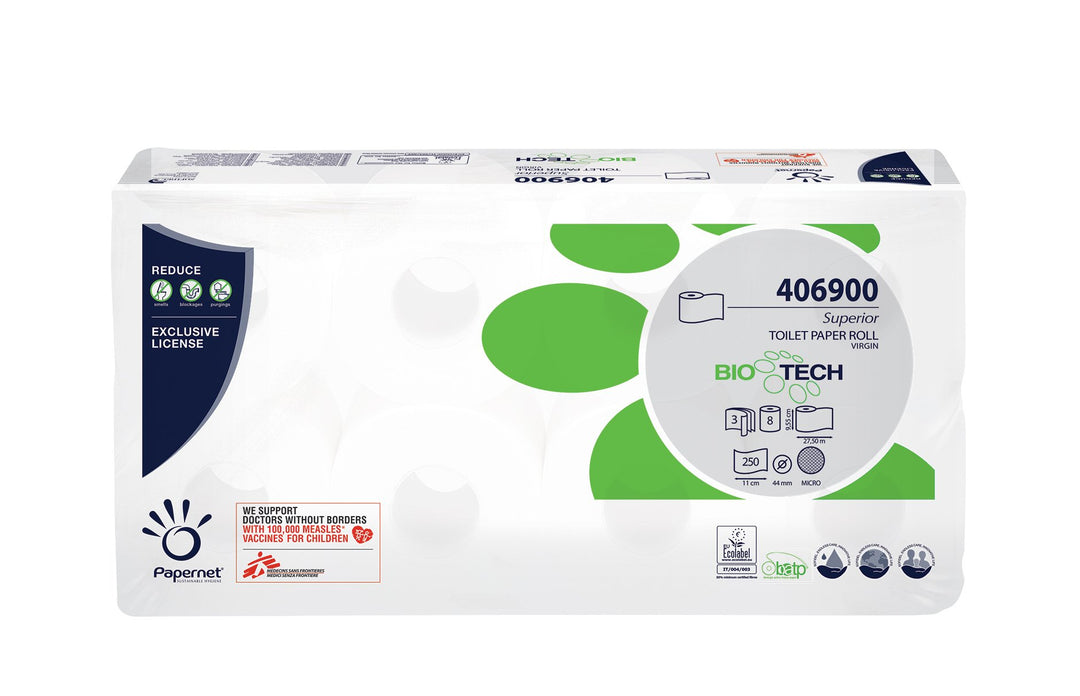 Papernet 406900 Biotech WC-Tissue, Pure Zellstoff, Micro geprägt, 3-lagig, weiss (9 Stück)