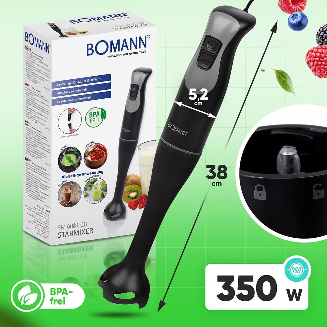 Bomann® Stabmixer für Smoothies Shakes Suppen | Turbo-Funktion | 350W Pürierstab | Edelstahlmesser r