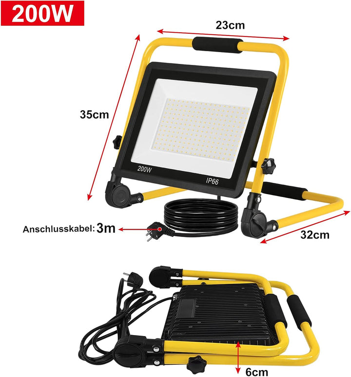 LED Flutlicht Baustrahler Tragbare 200W Kaltweiss - inkl. Standgestell und Tragegriff- Aussenleuchte