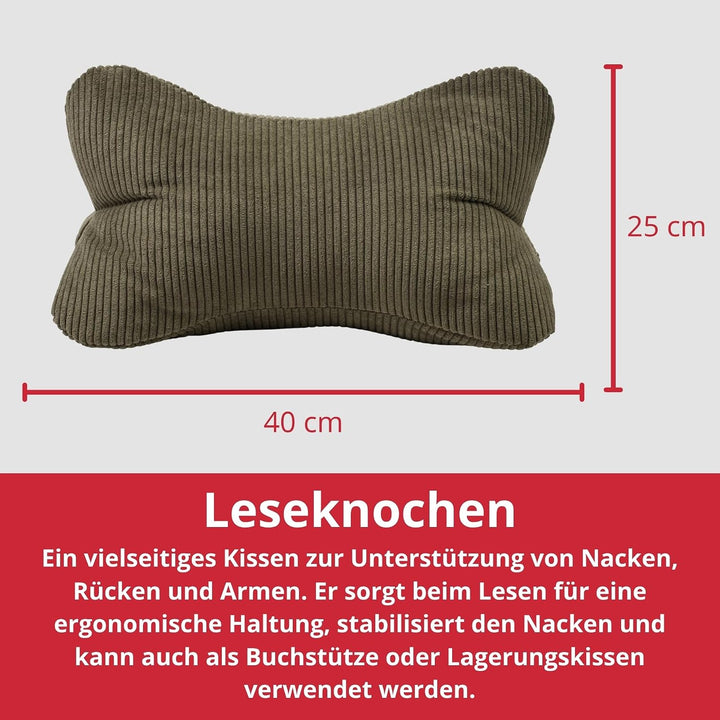 liebling Cord Lesekissen für Bett und Sofa, Bücherkissen, Lesehilfe, 40x25 cm, Leseknochen, Serie Ve