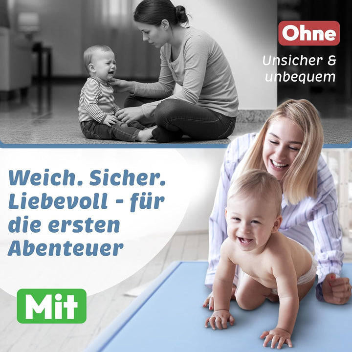 Seidenweiche Krabbelmatte Baby 150x150x3cm blau Extra Dicke(3cm) Spielmatte Kinder mit Premium Memor