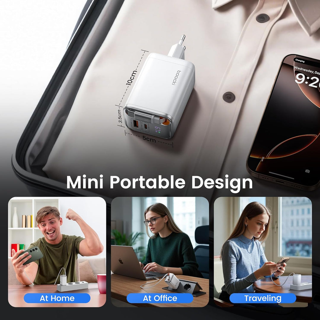 toocki USB C Ladegerät, 3Port GaN Mehrfach Ladegerät mit Schnell Einziehbares Ladekabel,67W USB C Ne