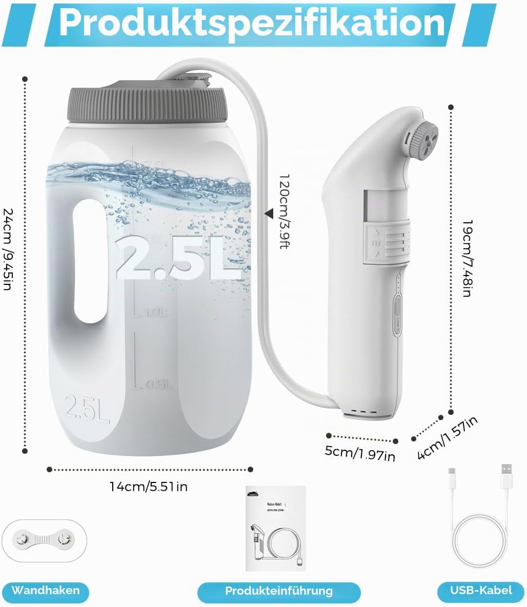 Tragbares Bidet-Sprühgerät Set mit 2,5L Wassertank Reise Bidet Mobiles Handbrause mit Wasserspeicher