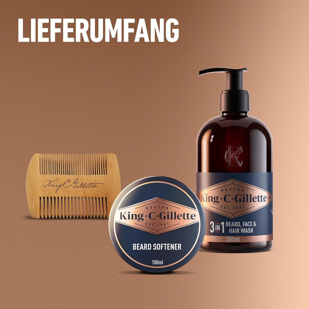 King C. Gillette Geschenkset Bartpflege Essentials: 350 ml Waschgel für Bart- und Gesichtpflege + 10