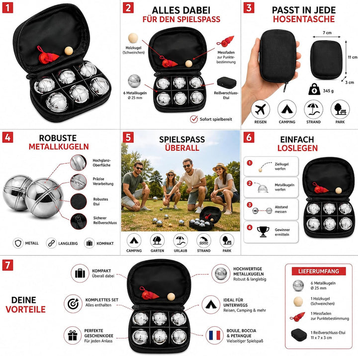 noTrash2003 David Mini Boule Set für die Hosentasche, Mini Boccia & Petanque Set mit 6 Metallkugeln