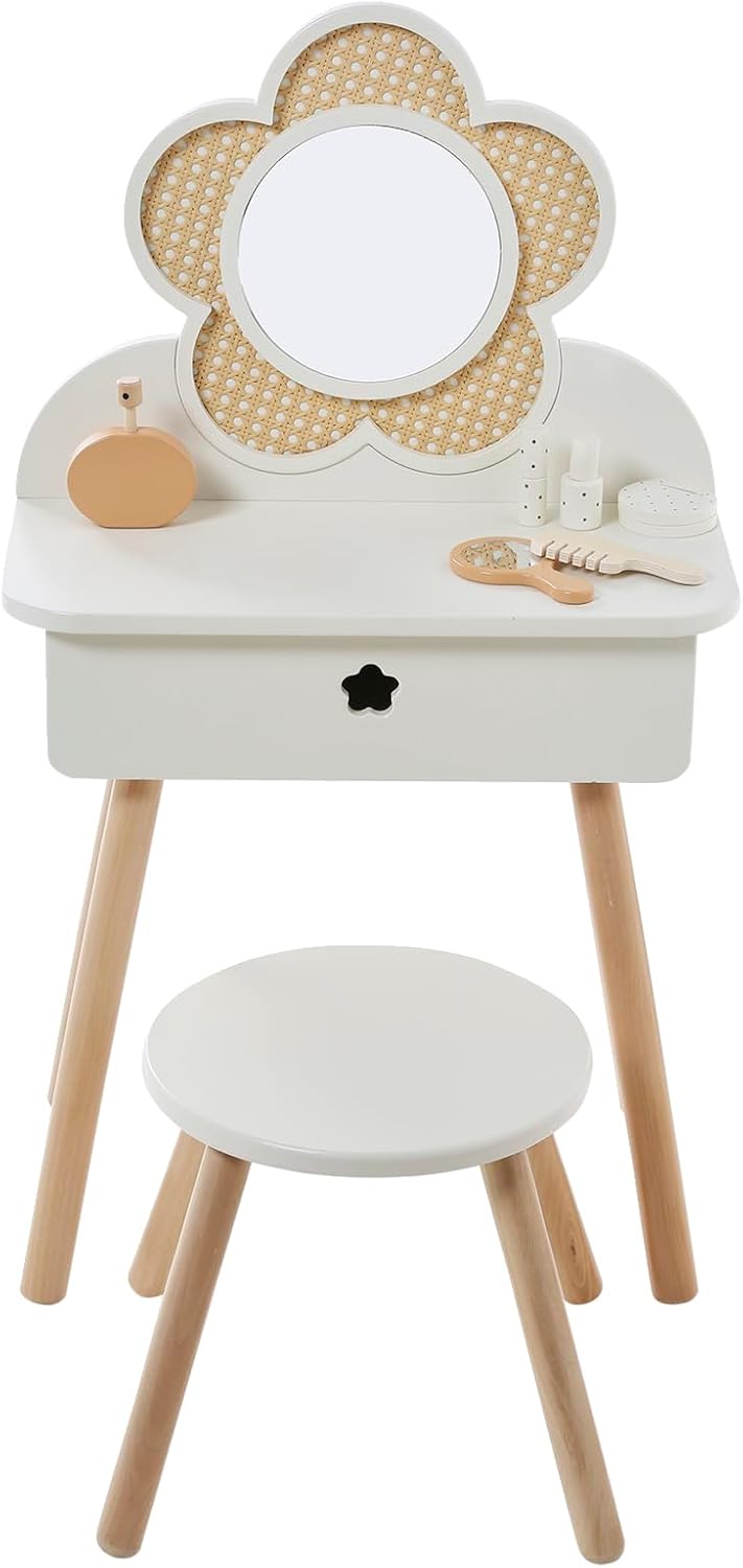 VERTBAUDET Frisiertisch mit Zopfmuster + Zubehör aus Holz, FSC®, weiss, Weiss