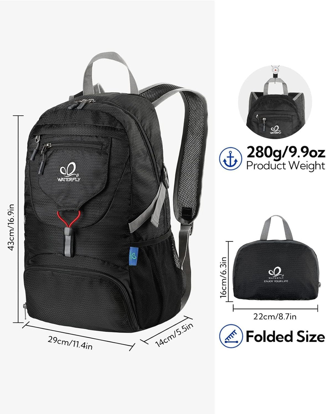 WATERFLY Ultraleicht Faltbar Klein Rucksack: 20L Leicht Packable Wanderrucksack Tagesrucksack Trekki