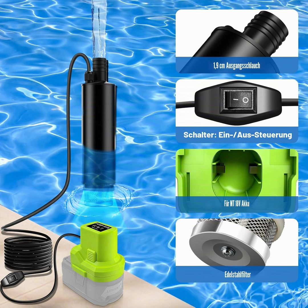 Tauchpumpe für RYOBI Akku 18V Schmutzwasserpumpe Wasserpumpe Flachwasserpumpe Saugpumpe Absaugpumpe,