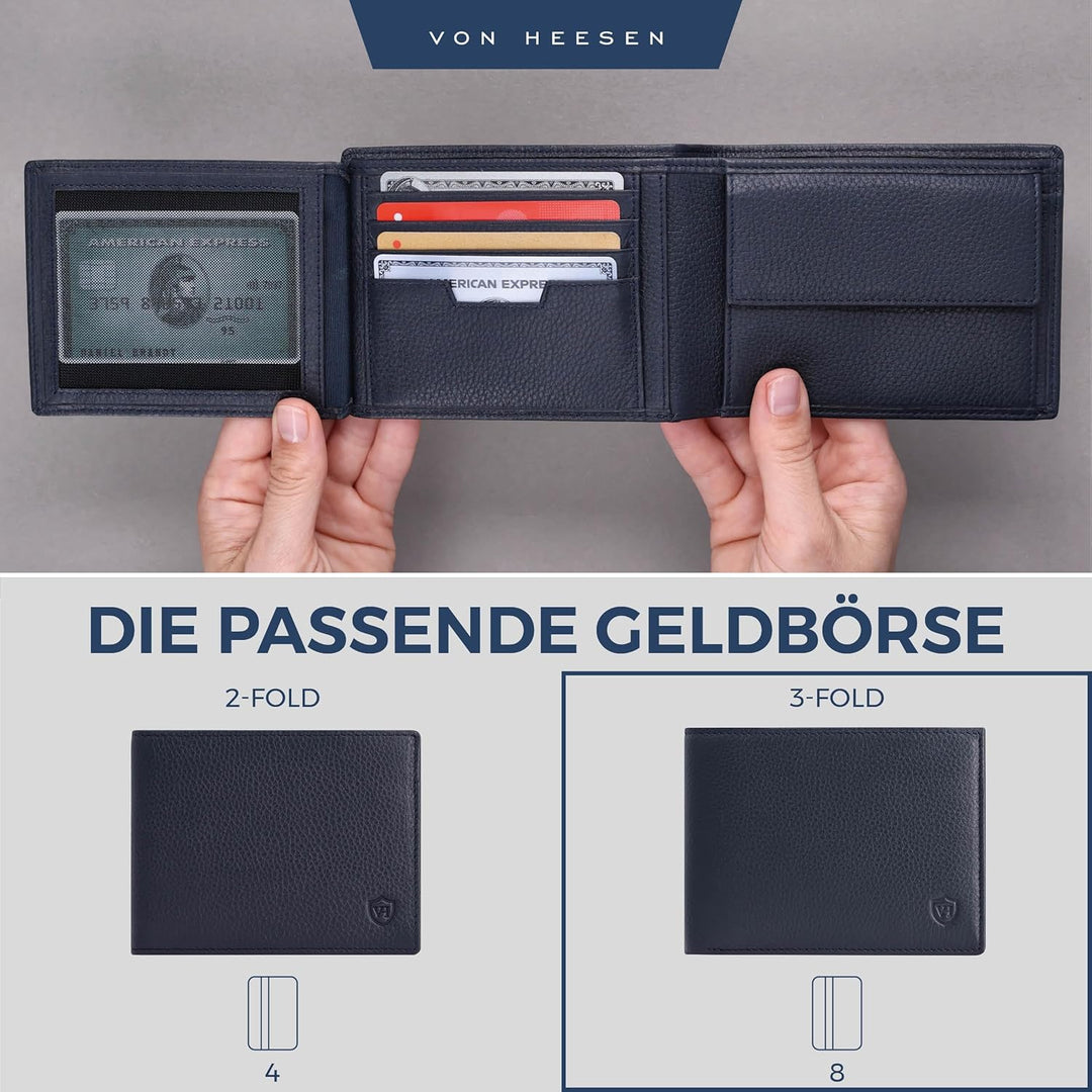 VON HEESEN Leder Geldbörse Herren mit RFID Schutz I Echtleder Geldbeutel für Männer I Münzbörse Port